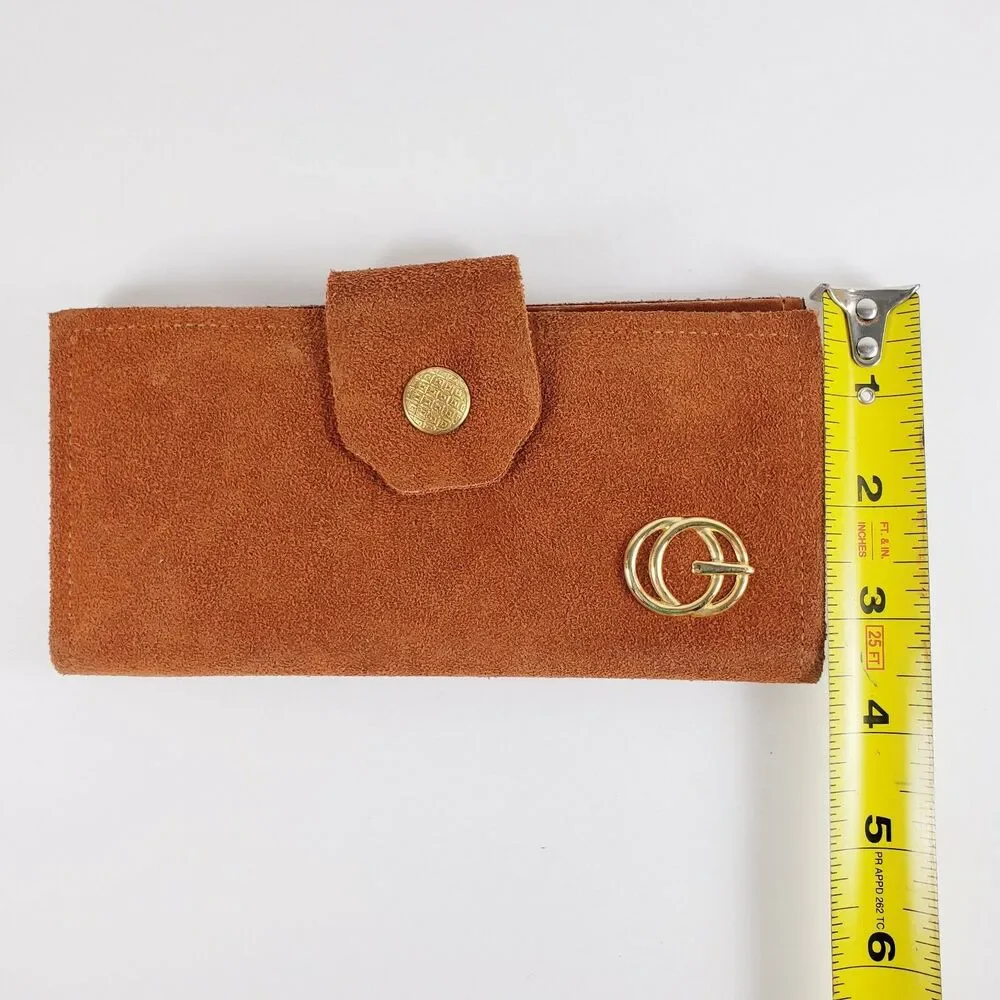 Vtg Camel Tan Suede Wallet Pocket Book Gold Tone Accents Pocket Book Retro 70s